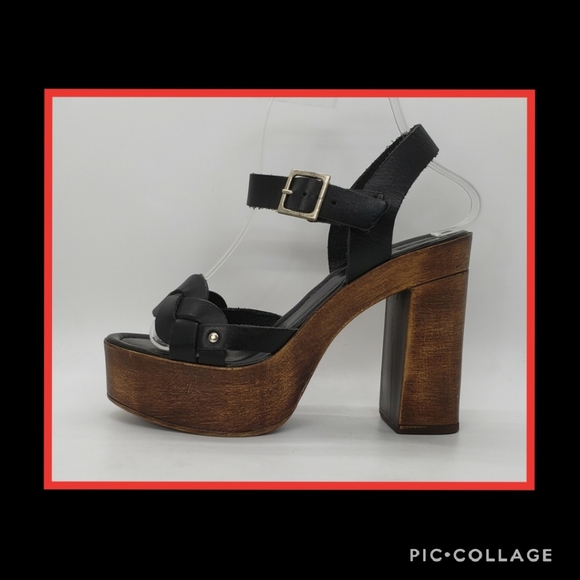 ASOS Black Leather Strappy Wood Platforms Size 8 - Picture 5 of 8